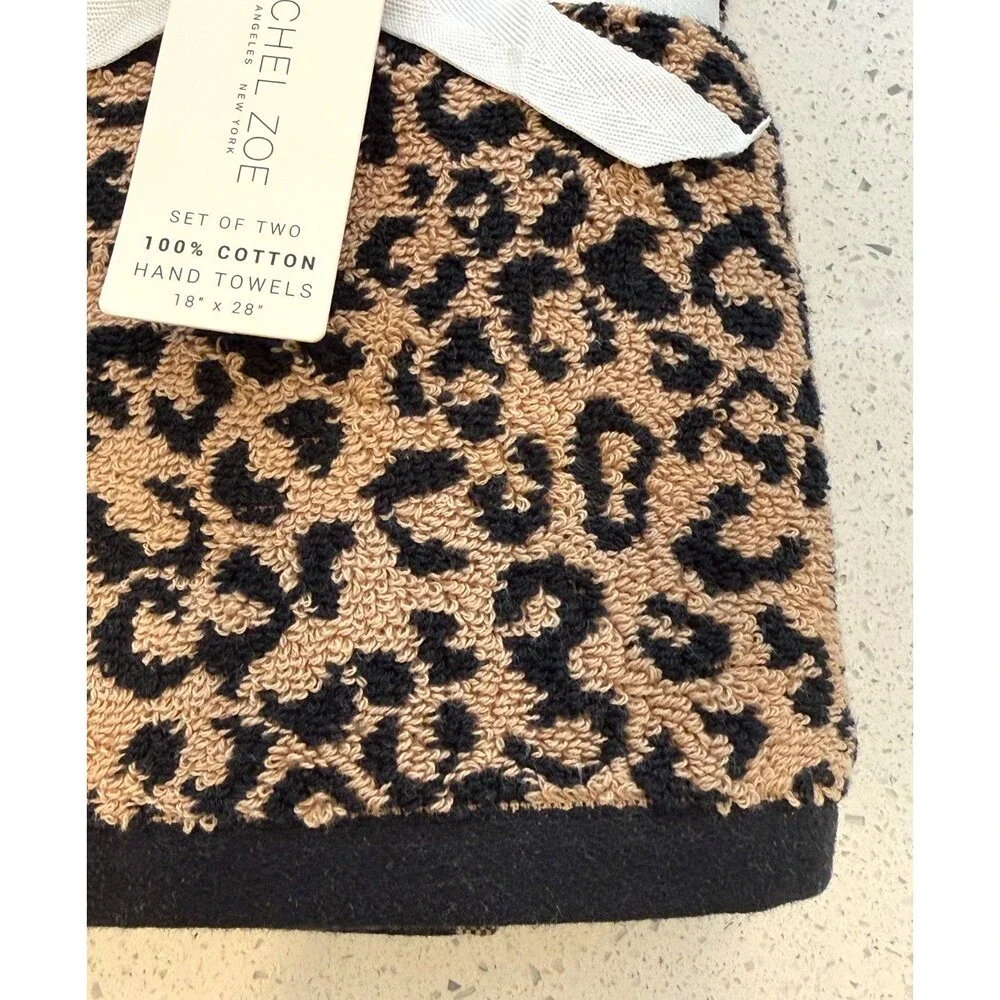 Rachel Zoe Leopard Hand Towels Bathroom Set of 2 Black Brown 100% Cotton 18x28